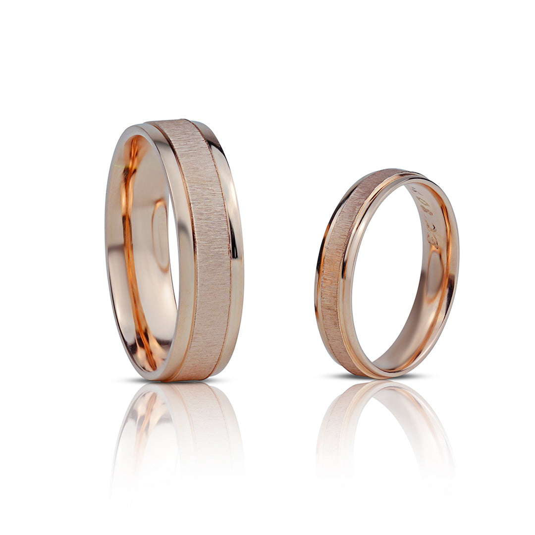 poros vestuviniai ziedai is 585 prabos rausvo aukso, matinio ir blizgaus pavirsiaus derinys