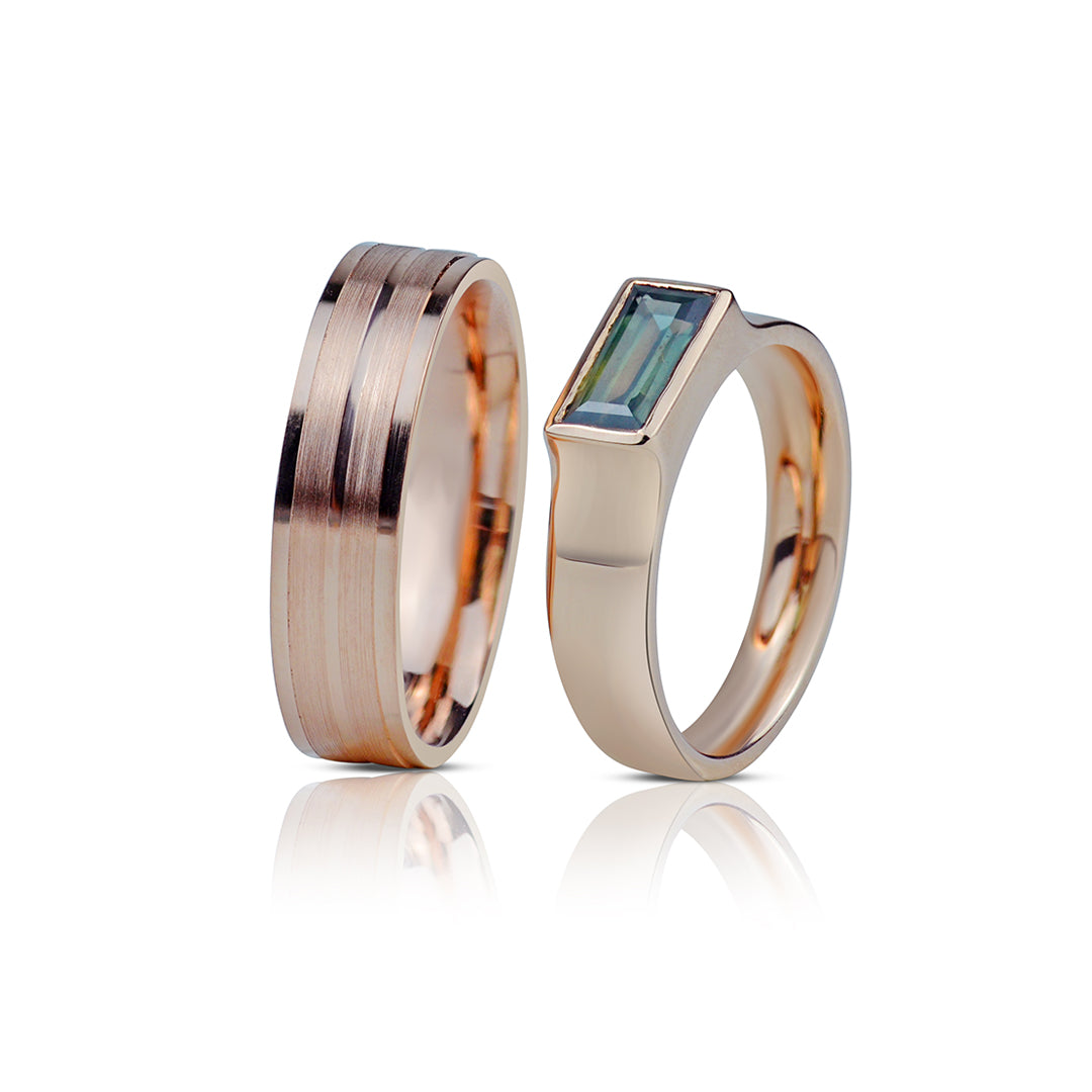minimalistiniai rausvo aukso vestuviniai ziedai su turmalinu, komforto zona ir poliruotas pavirsius
