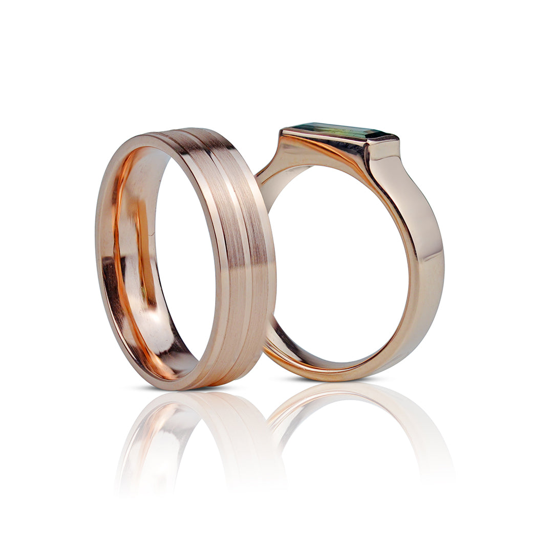 poros vestuviniai ziedai is rausvo aukso su turmalinu, modernus ir subtilus dizainas